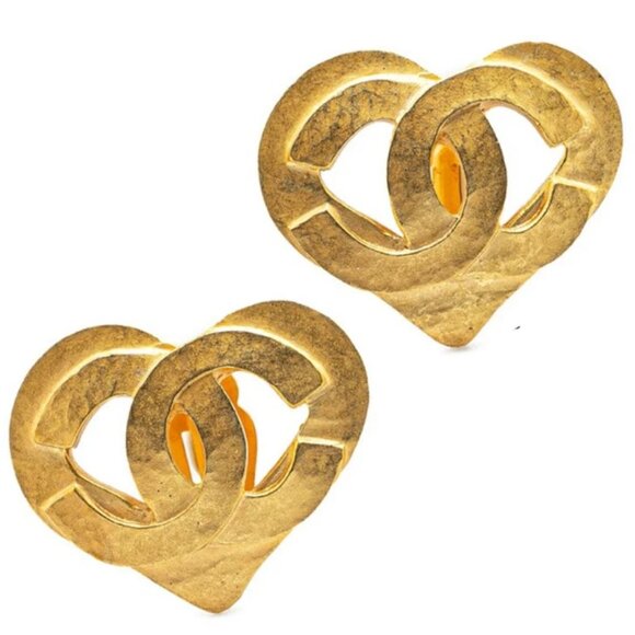 CHANEL CC Logos Heart Clip-On Earrings Gold Tone 95P Auth w/Box #4207 - Picture 3 of 15